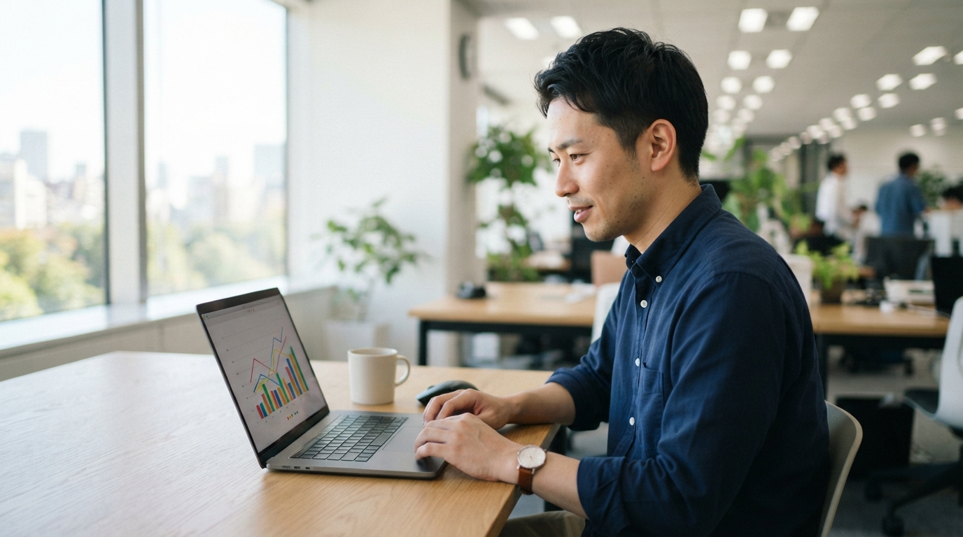 パソコンで求人の数字を確認する日本人の担当者