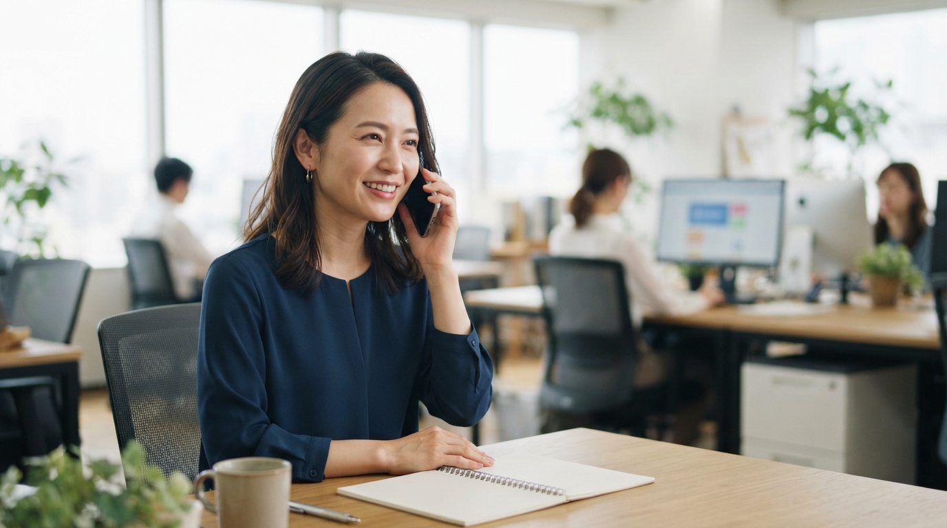 応募者に電話で連絡する日本人の採用担当者