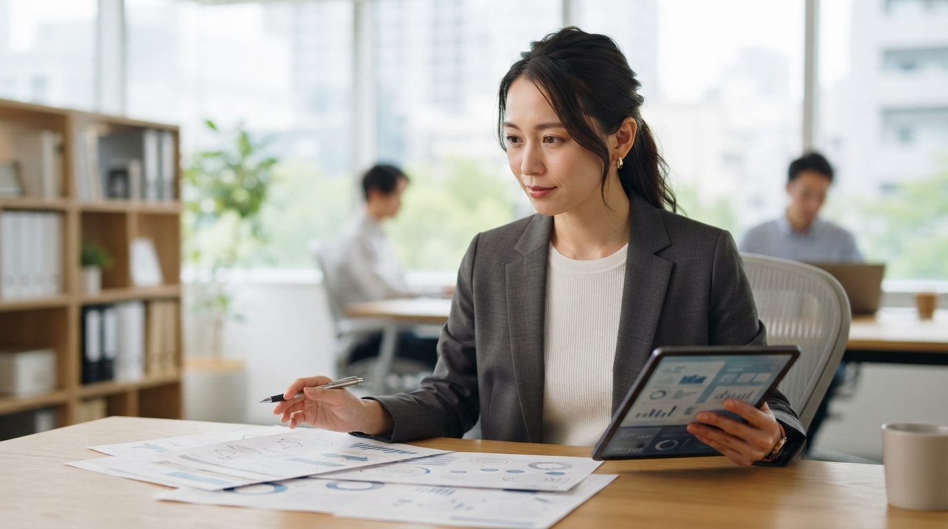 採用手法の資料を見比べる日本人の人事担当者