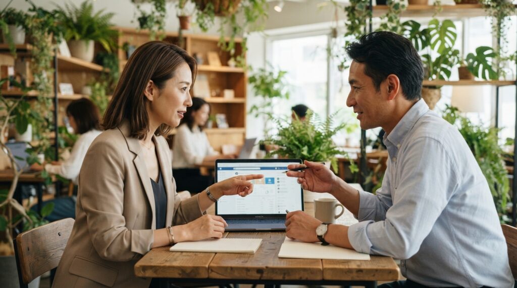 求人の運用について相談する日本人の担当者とパートナー企業の担当者