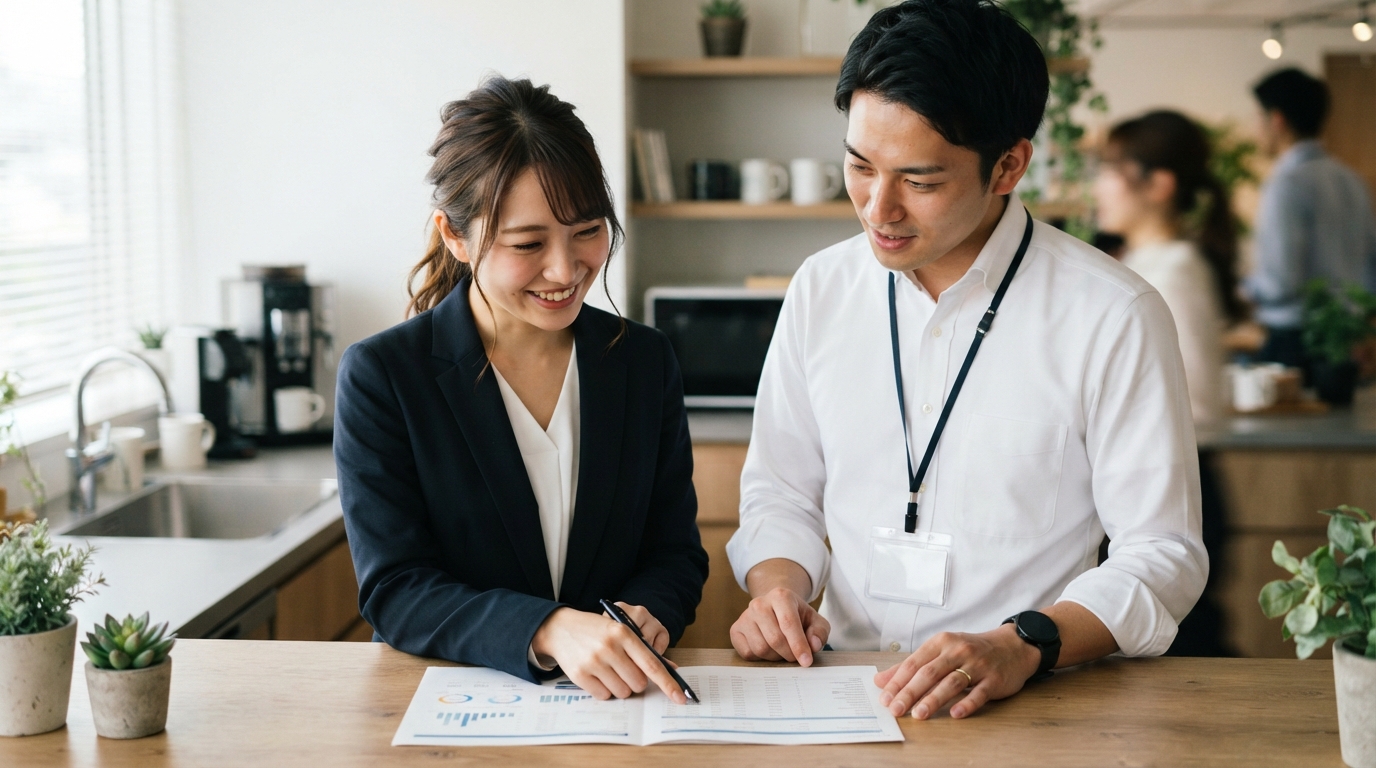 見積書を確認し合う日本人の担当者